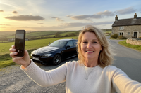 selfie 40 letniej kobiety na wsi, w tle bmw m5